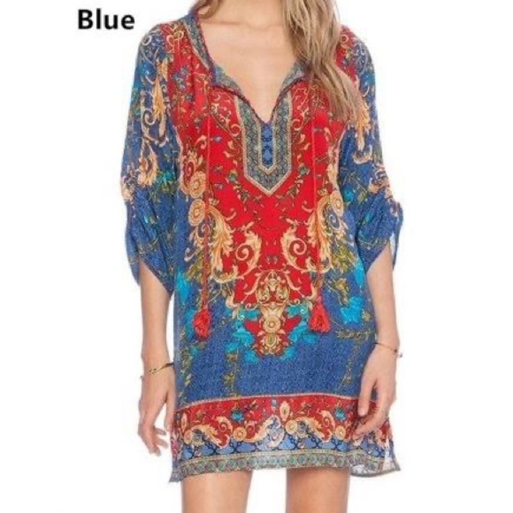 Women's V-neck bohemian Mini Dress Half Sleeve Printing Dress, Size L
